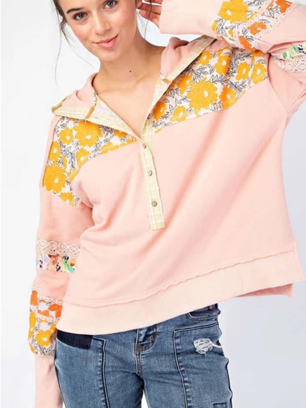 easel patchwork boho sweater Hooded Pullover Floral prairie cottagecore blouse - Picture 9 of 12